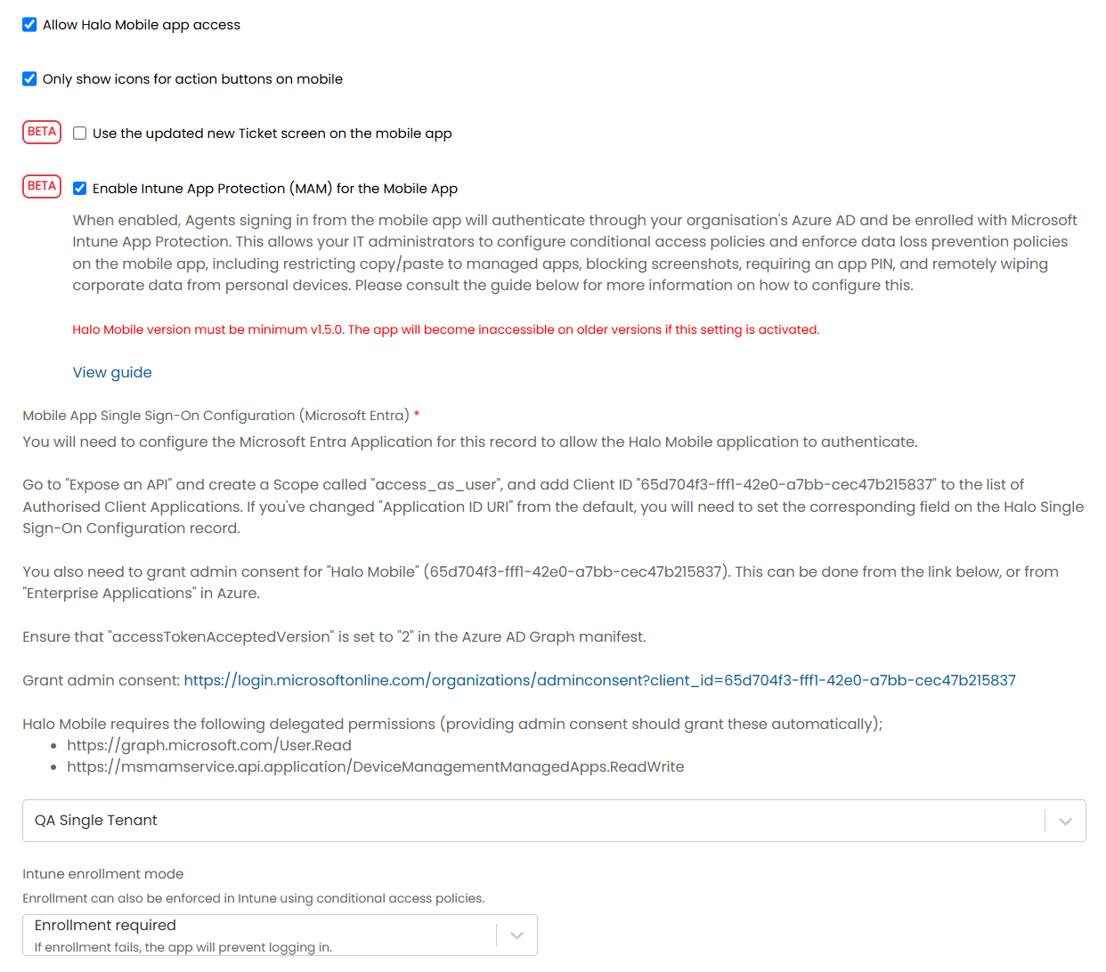 Halo mobile settings in Advanced Settings